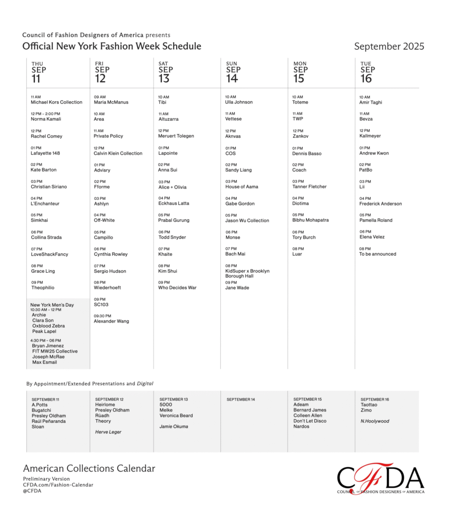 CFDA divulga calendário oficial da New York Fashion Week Spring 2026